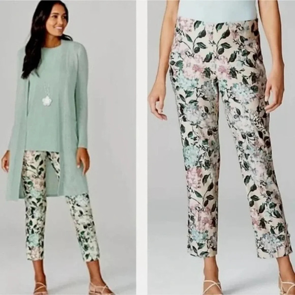 J.Jill Floral Print Stretch Linen Button Ankle Pants elastic back size  M P - Picture 1 of 12